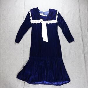Gunne Sax Jessica Dress Womens 5 Blue Velvet Midi Prairie Lace Trim Vintage